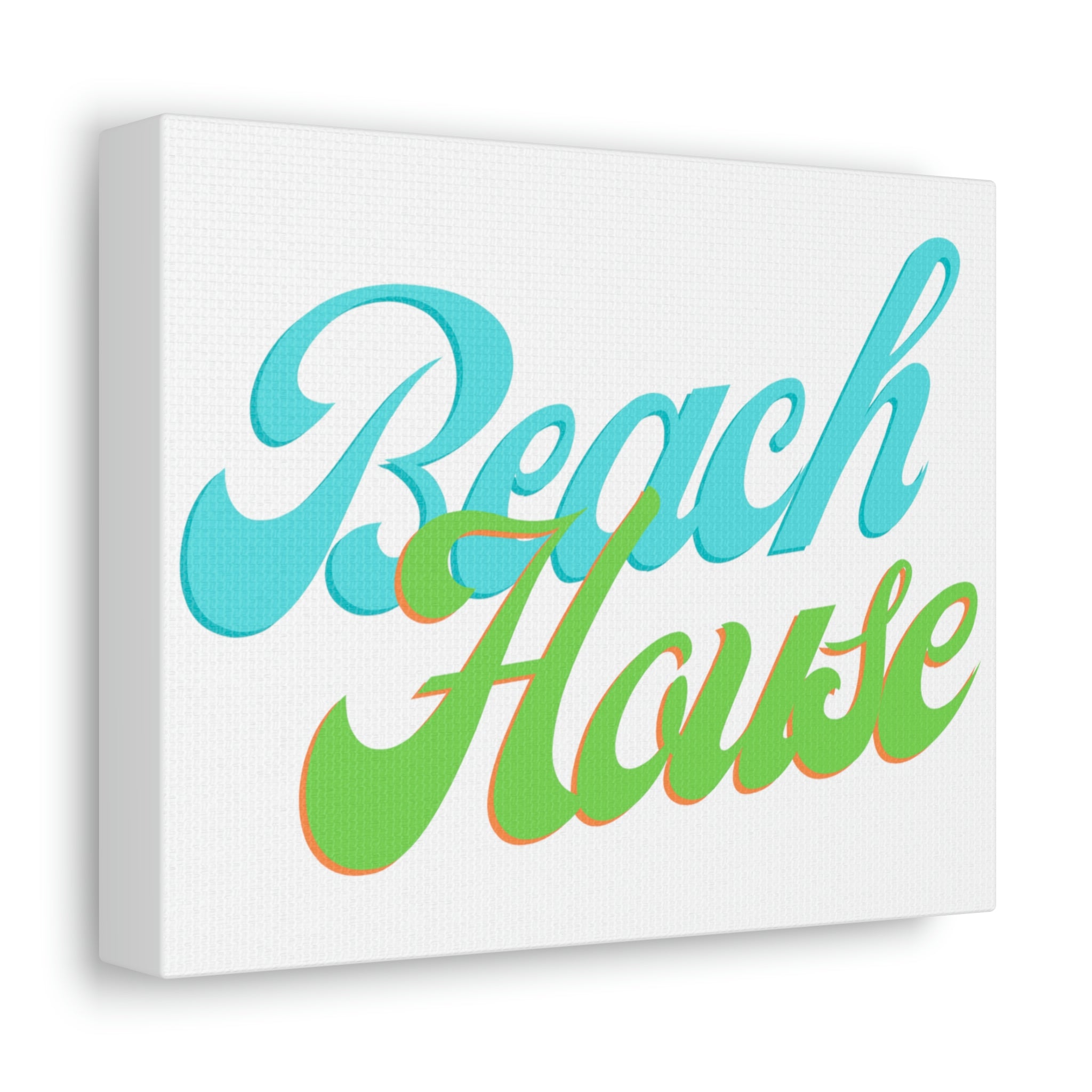 Beach House Stretched Canvas artwork featuring vibrant colors and beach-themed design, stretched on a wooden frame.