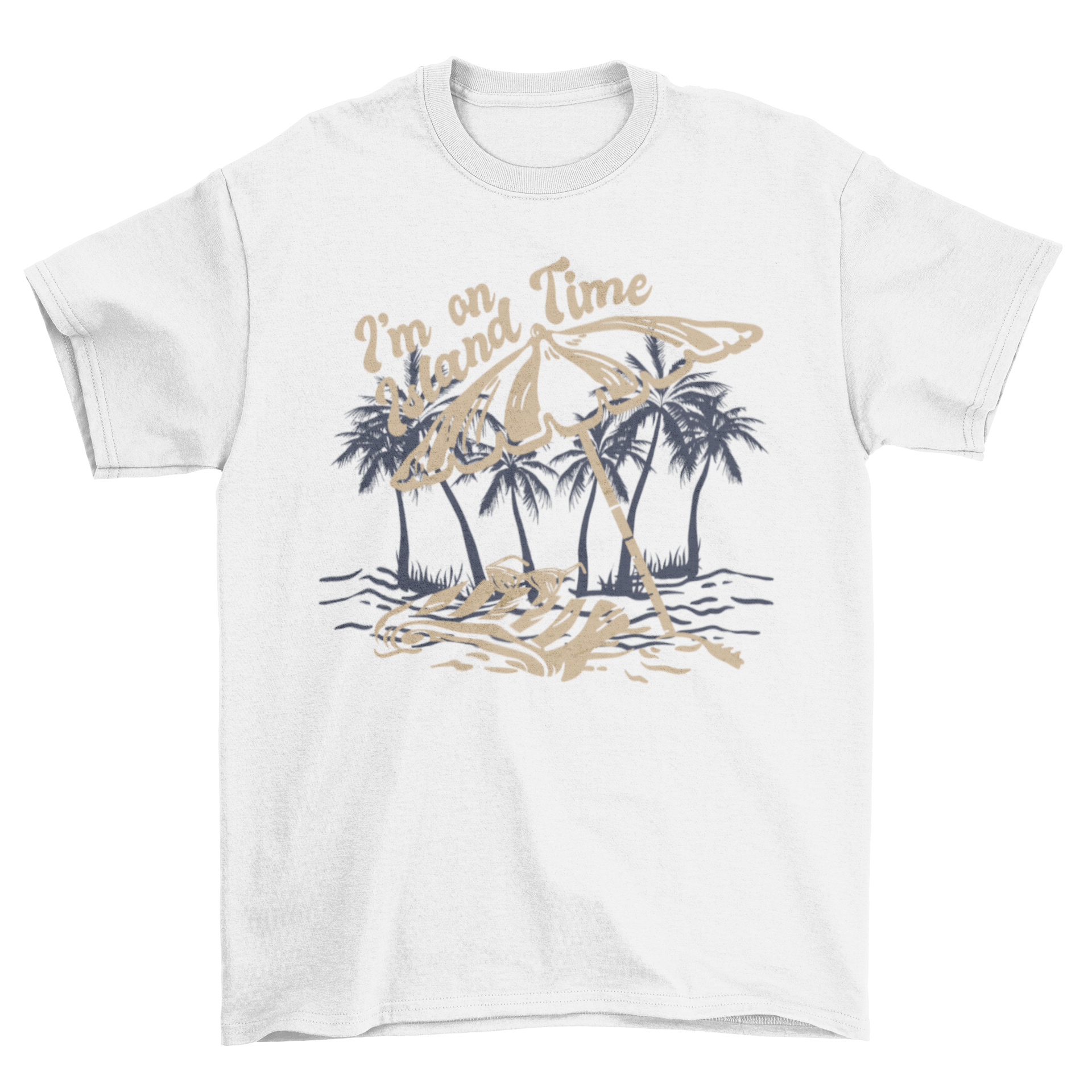 A colorful Beach Island Tropical T-Shirt featuring a beach umbrella and towel design with the quote 'I'm on island time'.