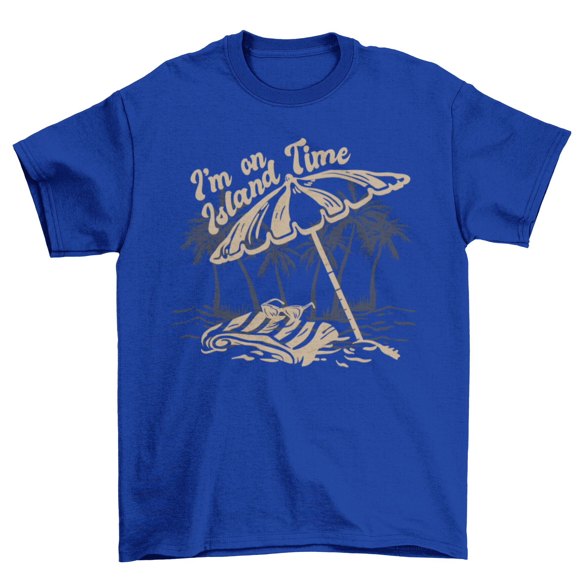 A colorful Beach Island Tropical T-Shirt featuring a beach umbrella and towel design with the quote 'I'm on island time'.