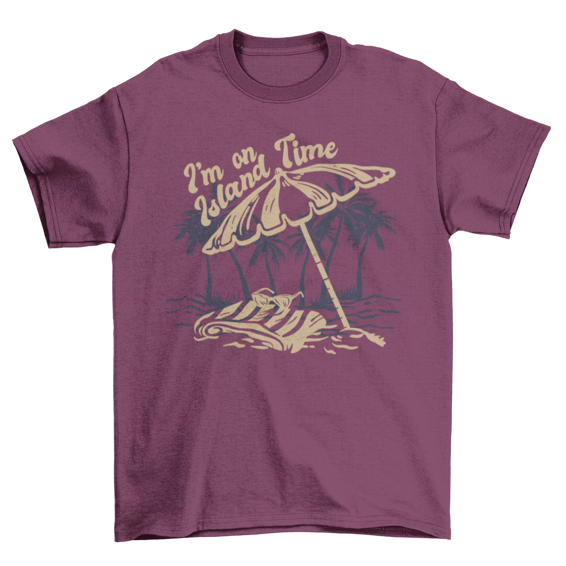 A colorful Beach Island Tropical T-Shirt featuring a beach umbrella and towel design with the quote 'I'm on island time'.