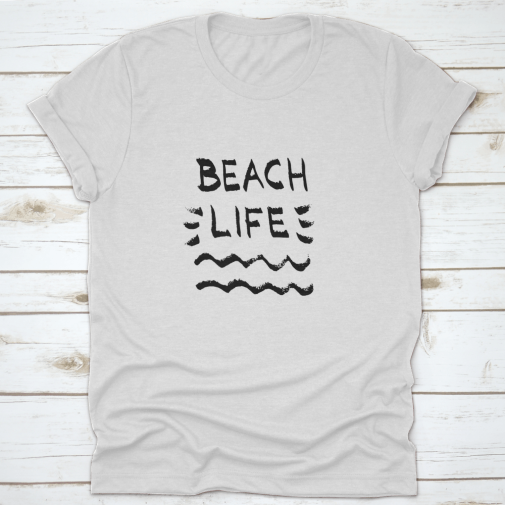 Beach Life Lettering Summer Quote t-shirt with black letters on a white background, showcasing a classic and stylish design.