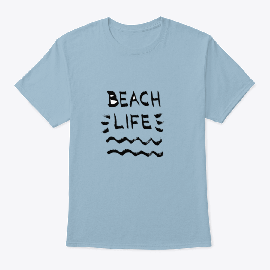 Beach Life Lettering Summer Quote t-shirt with black letters on a white background, showcasing a classic and stylish design.