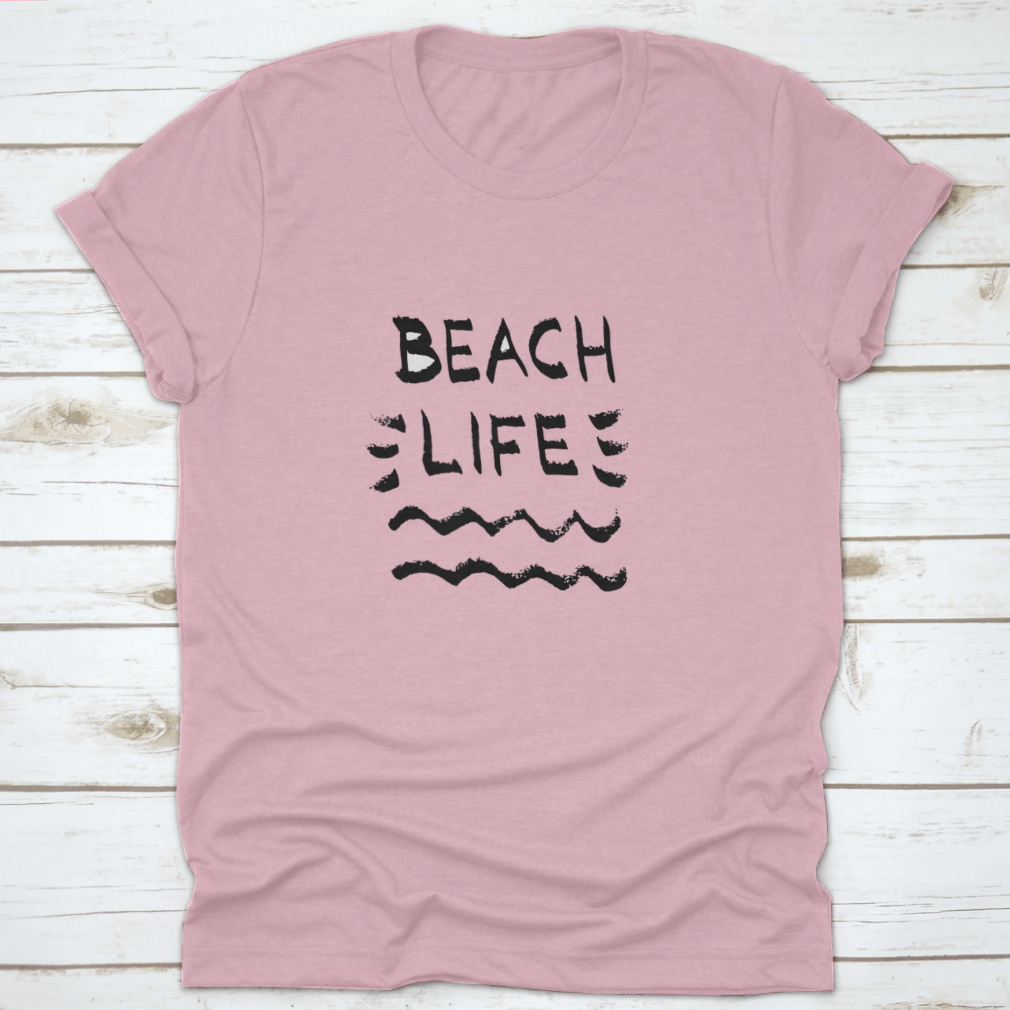 Beach Life Lettering Summer Quote t-shirt with black letters on a white background, showcasing a classic and stylish design.