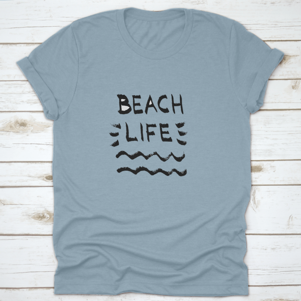 Beach Life Lettering Summer Quote t-shirt with black letters on a white background, showcasing a classic and stylish design.