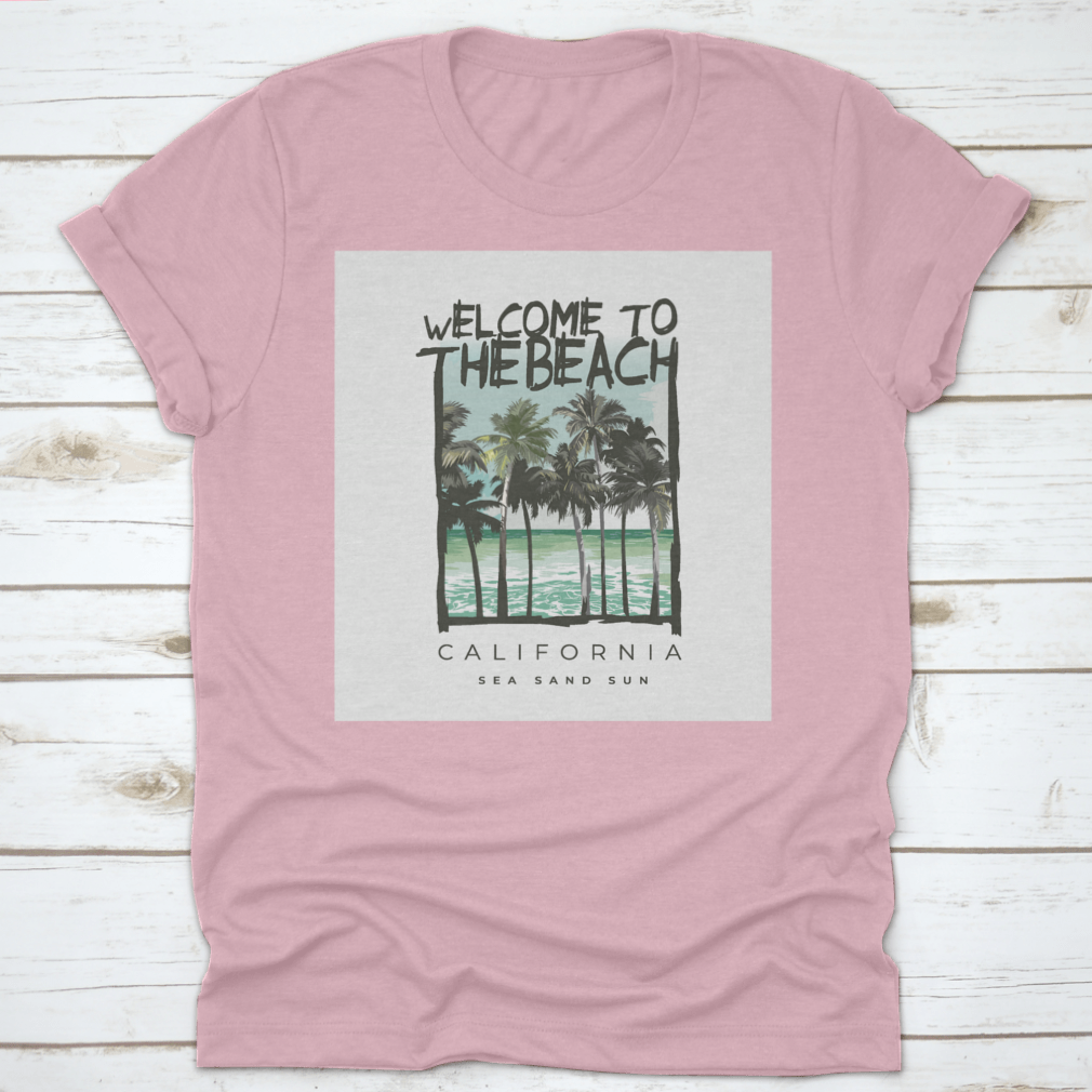 A stylish Beach Lover T-shirt featuring a vibrant California sea, sand, and sun design, made from soft cotton fabric.