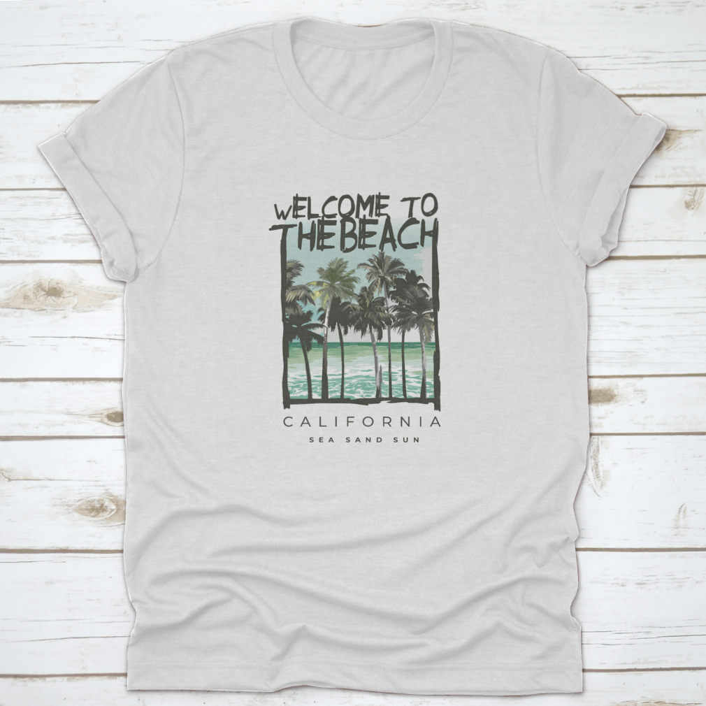 A stylish Beach Lover T-shirt featuring a vibrant California sea, sand, and sun design, made from soft cotton fabric.