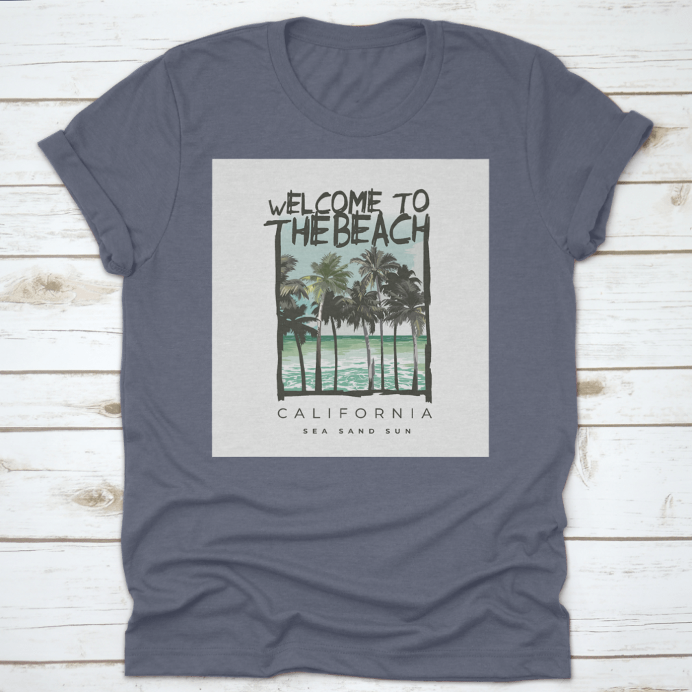 A stylish Beach Lover T-shirt featuring a vibrant California sea, sand, and sun design, made from soft cotton fabric.