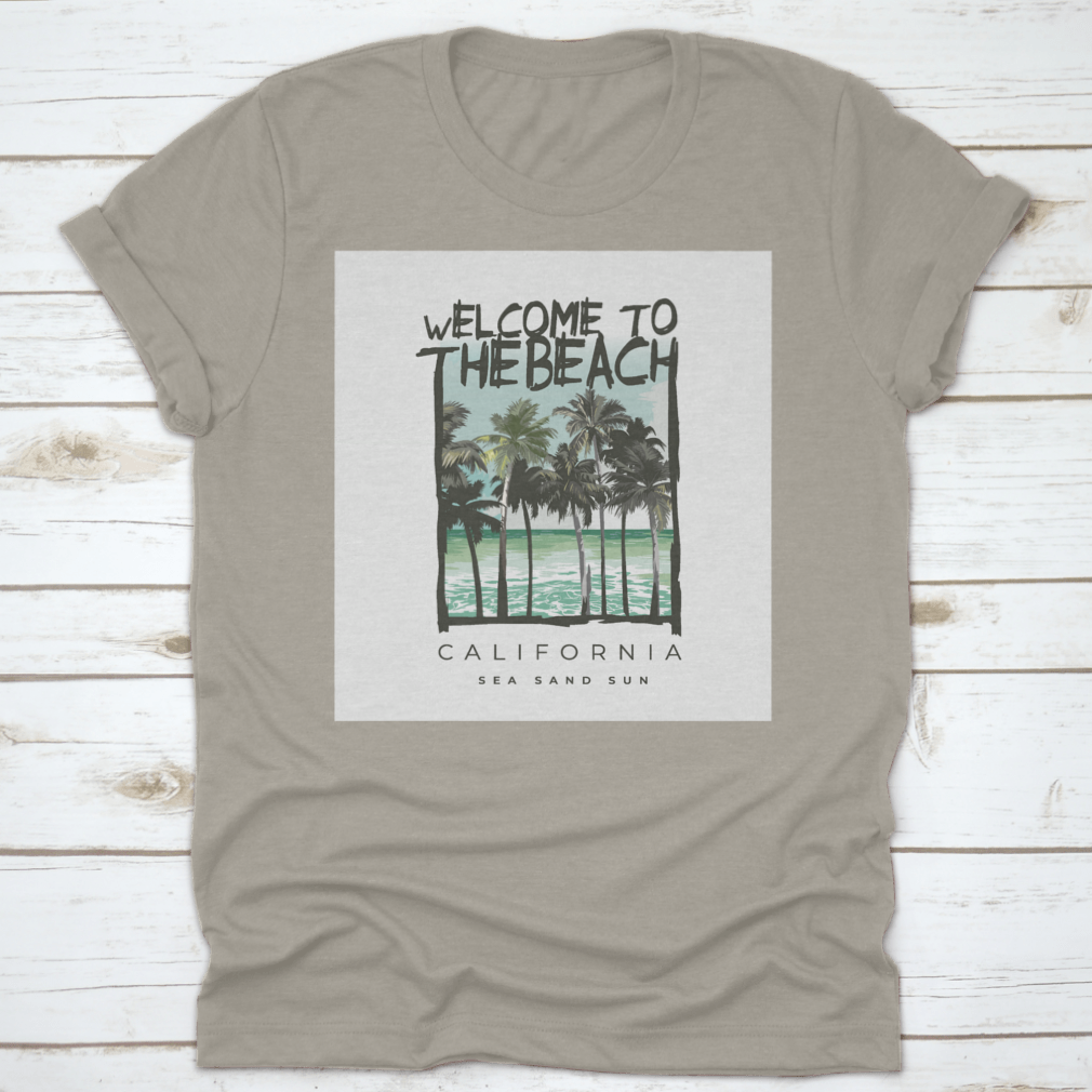 A stylish Beach Lover T-shirt featuring a vibrant California sea, sand, and sun design, made from soft cotton fabric.