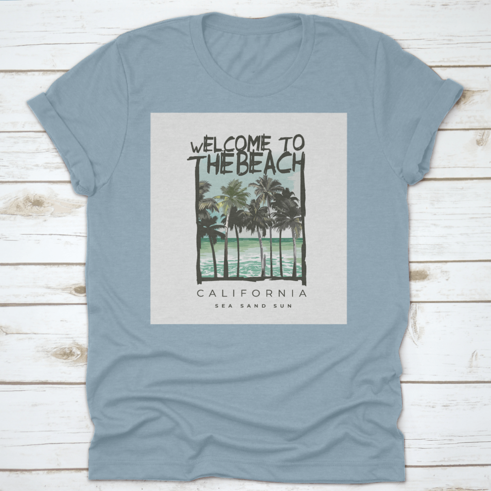 A stylish Beach Lover T-shirt featuring a vibrant California sea, sand, and sun design, made from soft cotton fabric.