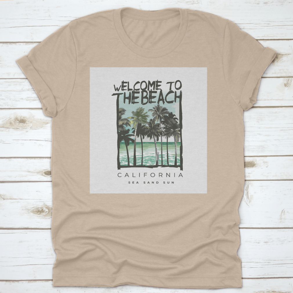 A stylish Beach Lover T-shirt featuring a vibrant California sea, sand, and sun design, made from soft cotton fabric.