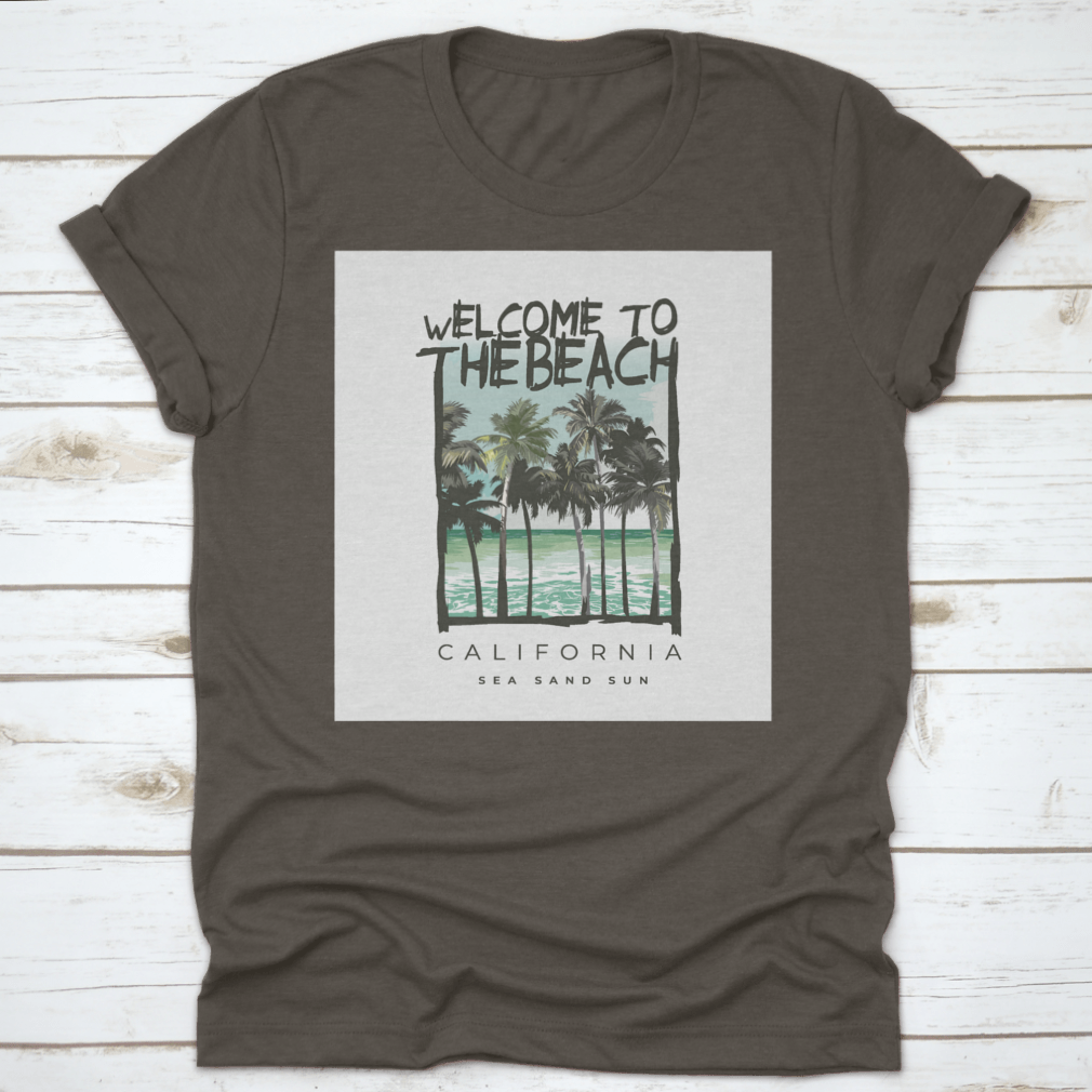 A stylish Beach Lover T-shirt featuring a vibrant California sea, sand, and sun design, made from soft cotton fabric.