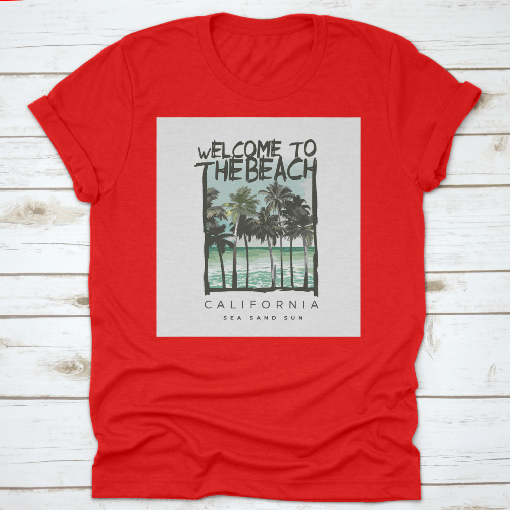 A stylish Beach Lover T-shirt featuring a vibrant California sea, sand, and sun design, made from soft cotton fabric.