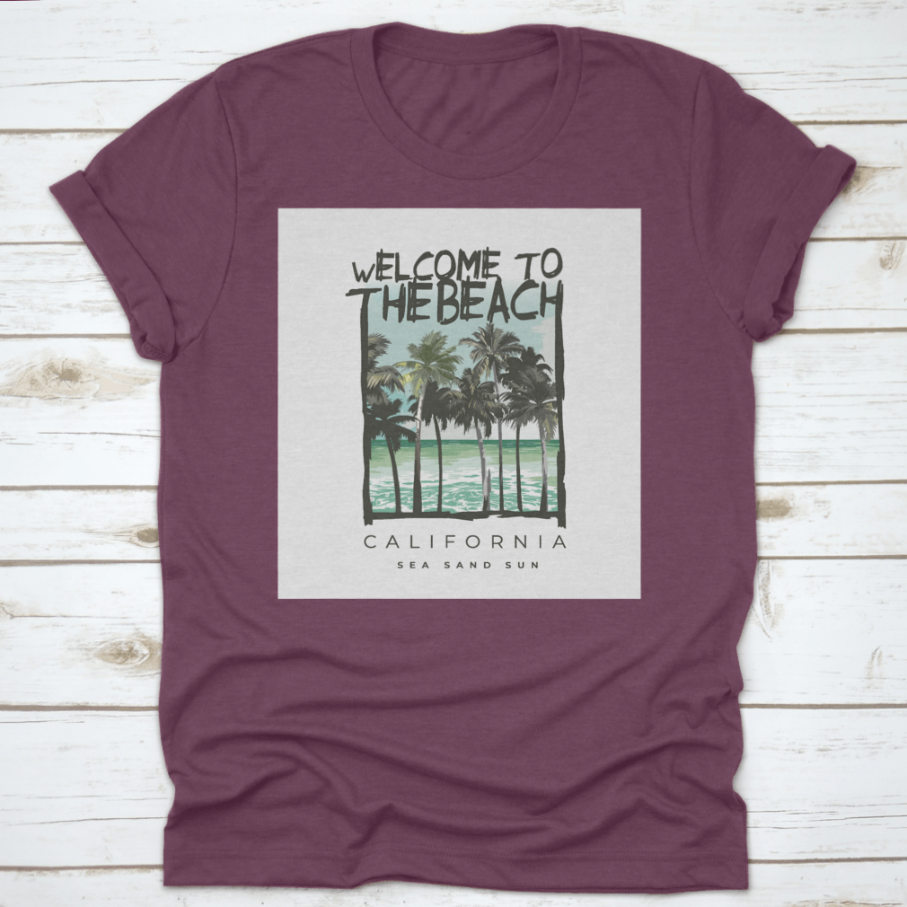 A stylish Beach Lover T-shirt featuring a vibrant California sea, sand, and sun design, made from soft cotton fabric.