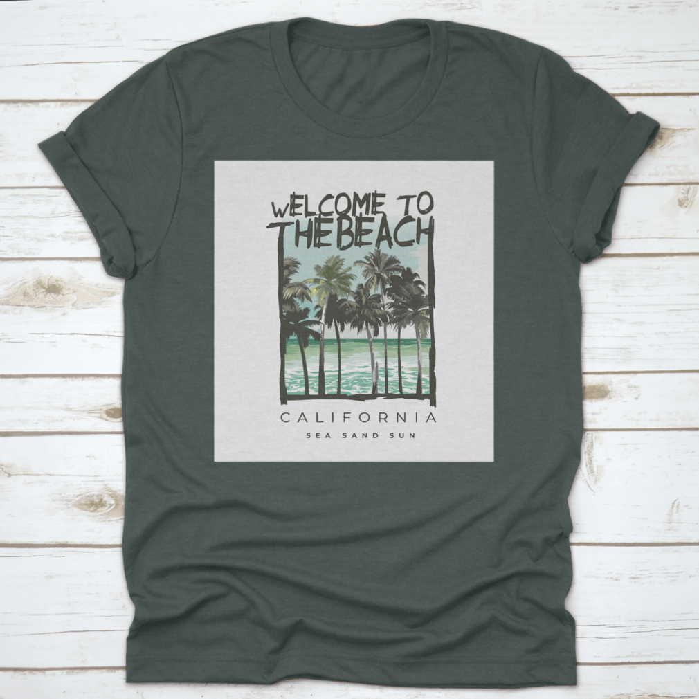 A stylish Beach Lover T-shirt featuring a vibrant California sea, sand, and sun design, made from soft cotton fabric.