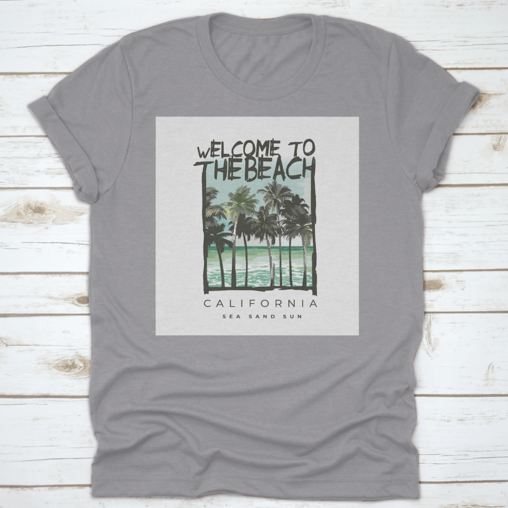 A stylish Beach Lover T-shirt featuring a vibrant California sea, sand, and sun design, made from soft cotton fabric.