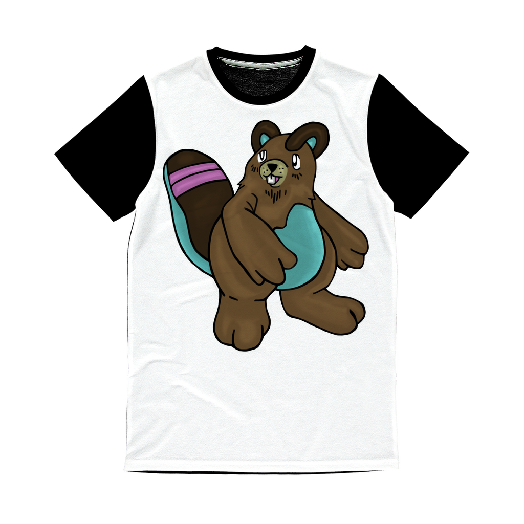 Beachu Classic Sublimation Panel T-Shirt featuring a vibrant front design and plain black back, ideal for sublimation printing.