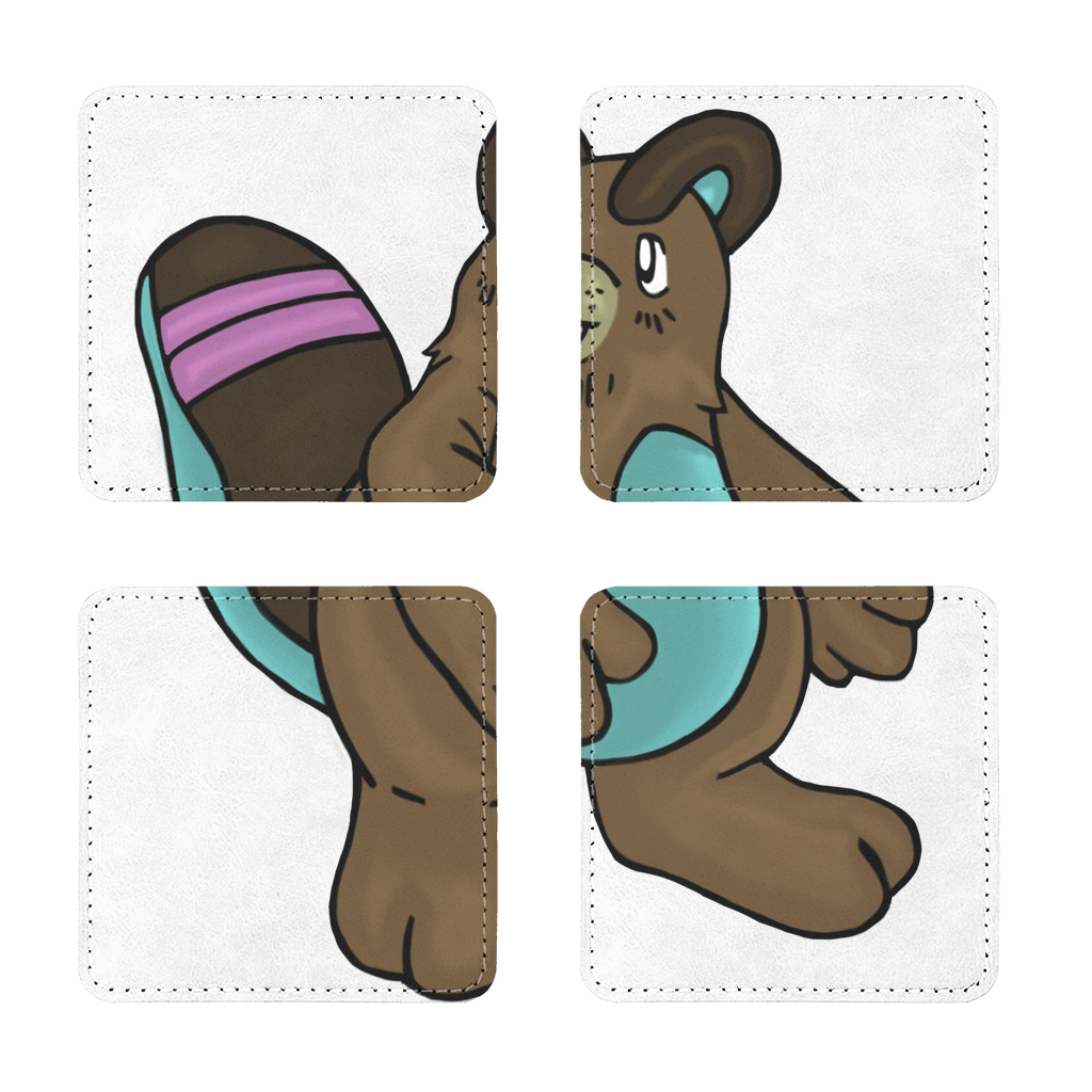 Pack of four Beachu Sublimation Coasters made of PU leather, featuring square and round shapes with white stitching.