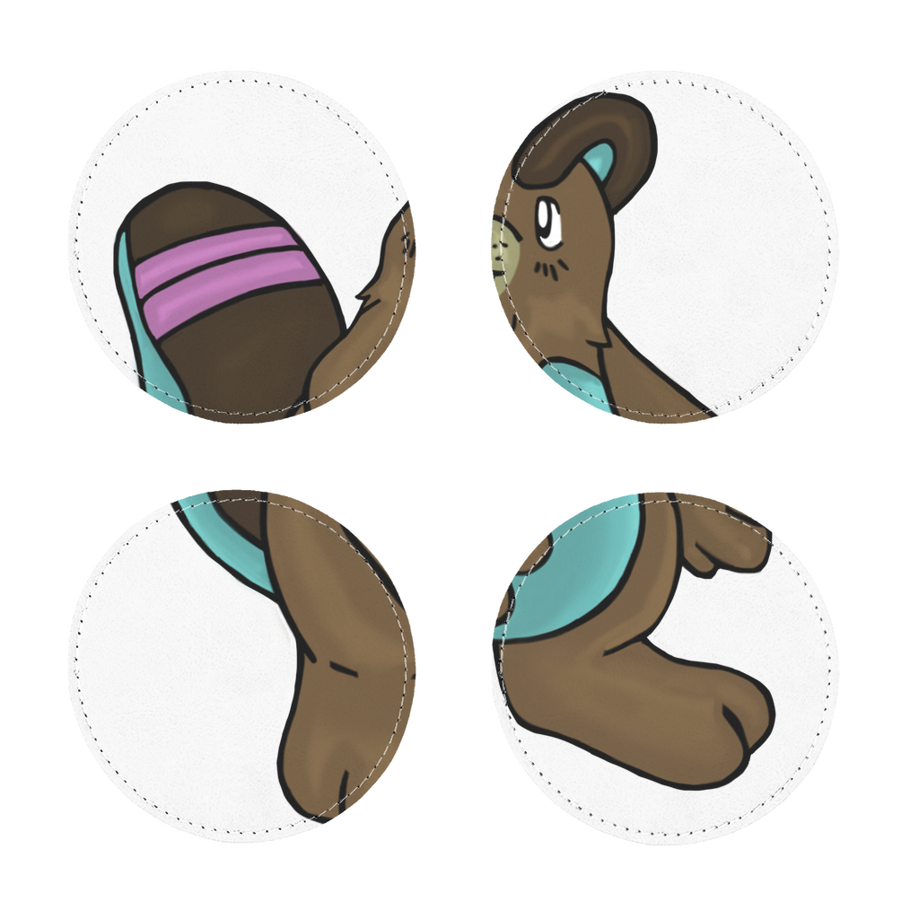 Pack of four Beachu Sublimation Coasters made of PU leather, featuring square and round shapes with white stitching.