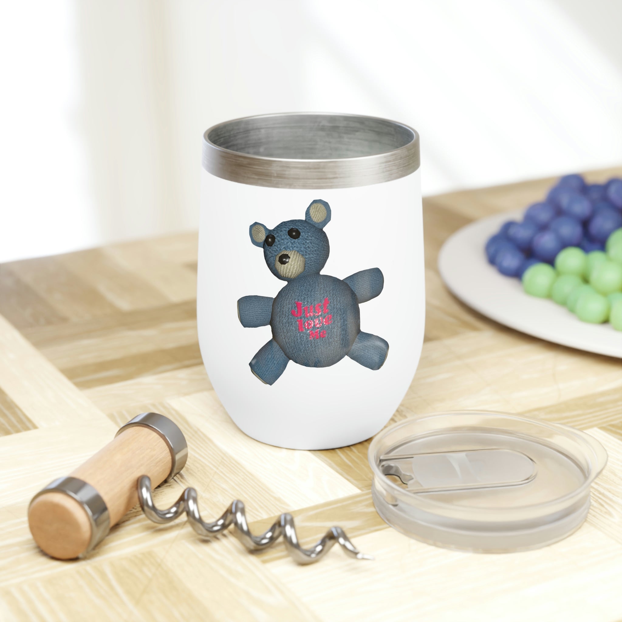 Bear Object Chill Wine Tumbler in stainless steel with double-insulated walls, showcasing a sleek and modern stemless design.