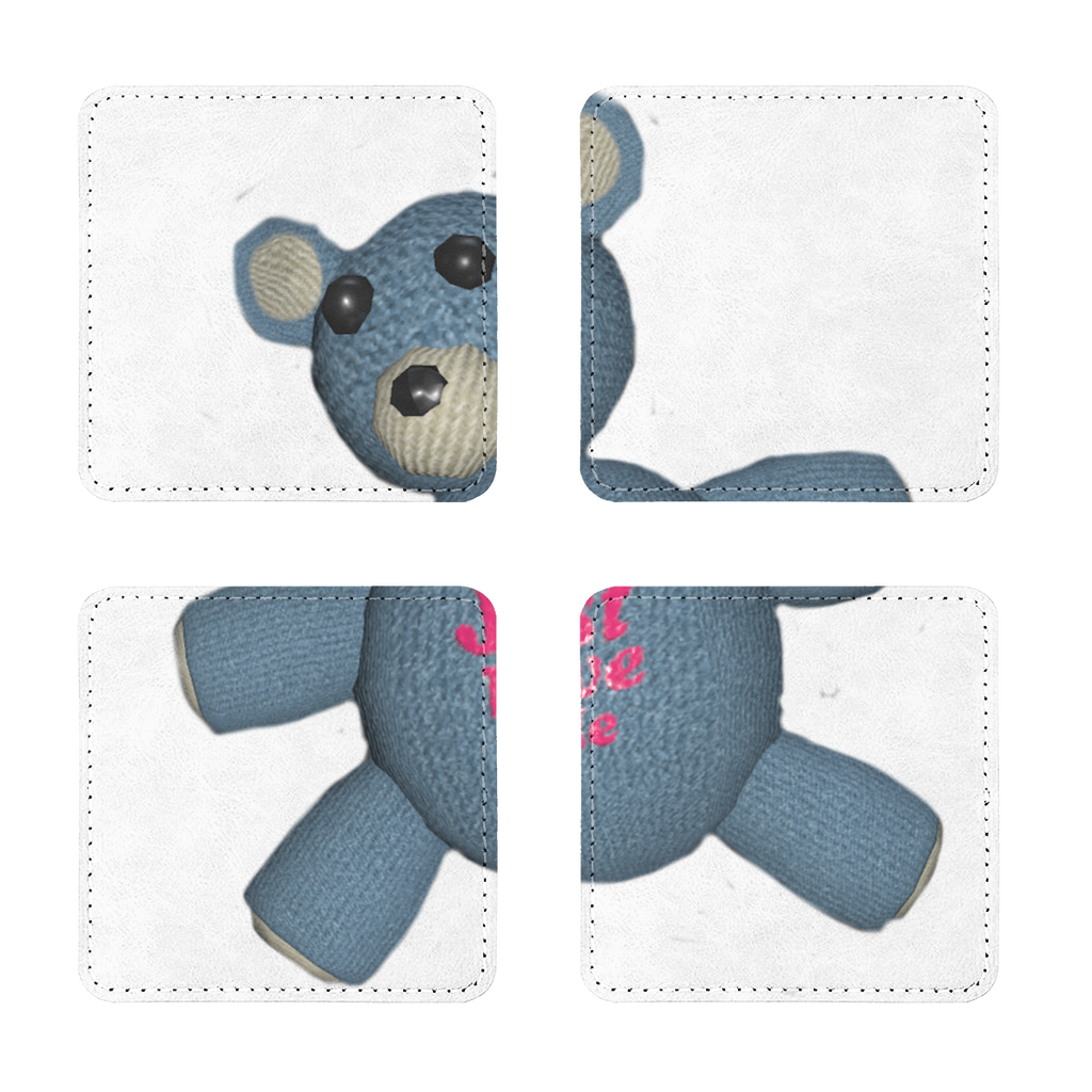 Pack of four Bear_Object sublimation coasters made of PU leather, featuring a white printable face and white stitching.