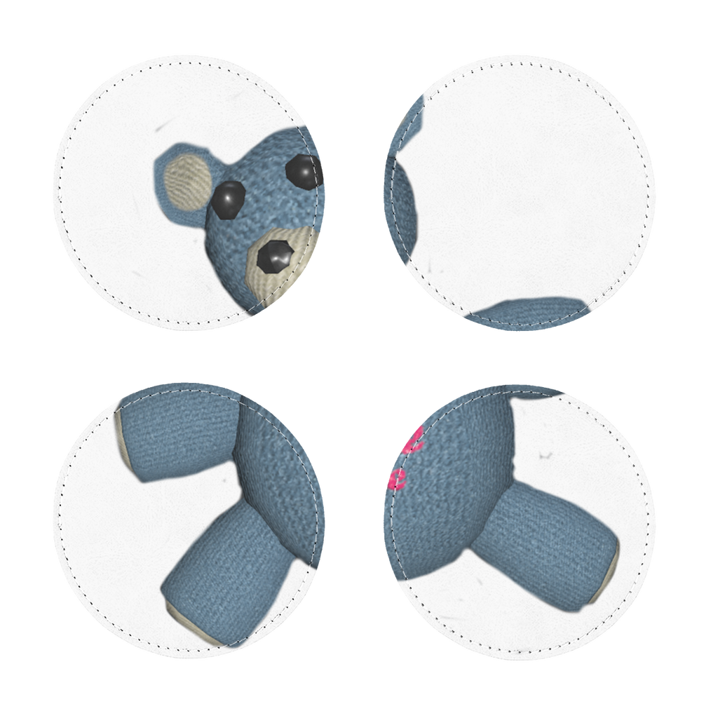 Pack of four Bear_Object sublimation coasters made of PU leather, featuring a white printable face and white stitching.
