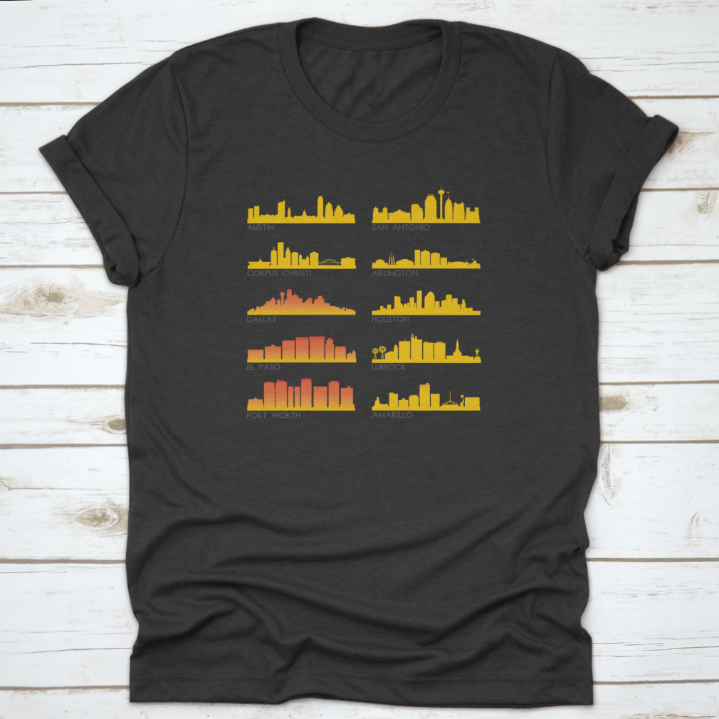 A stylish cotton T-shirt featuring the beautiful skyline of Texas City, perfect for travel enthusiasts.
