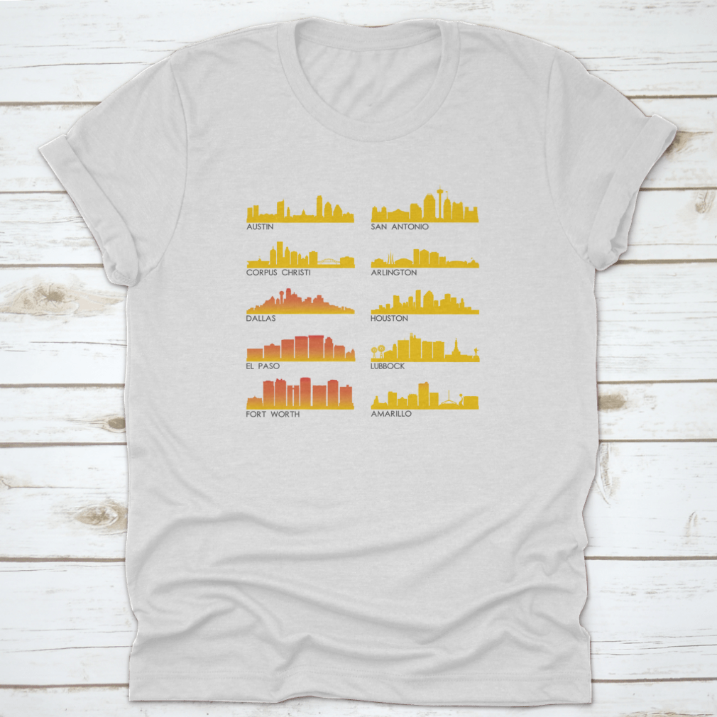 A stylish cotton T-shirt featuring the beautiful skyline of Texas City, perfect for travel enthusiasts.