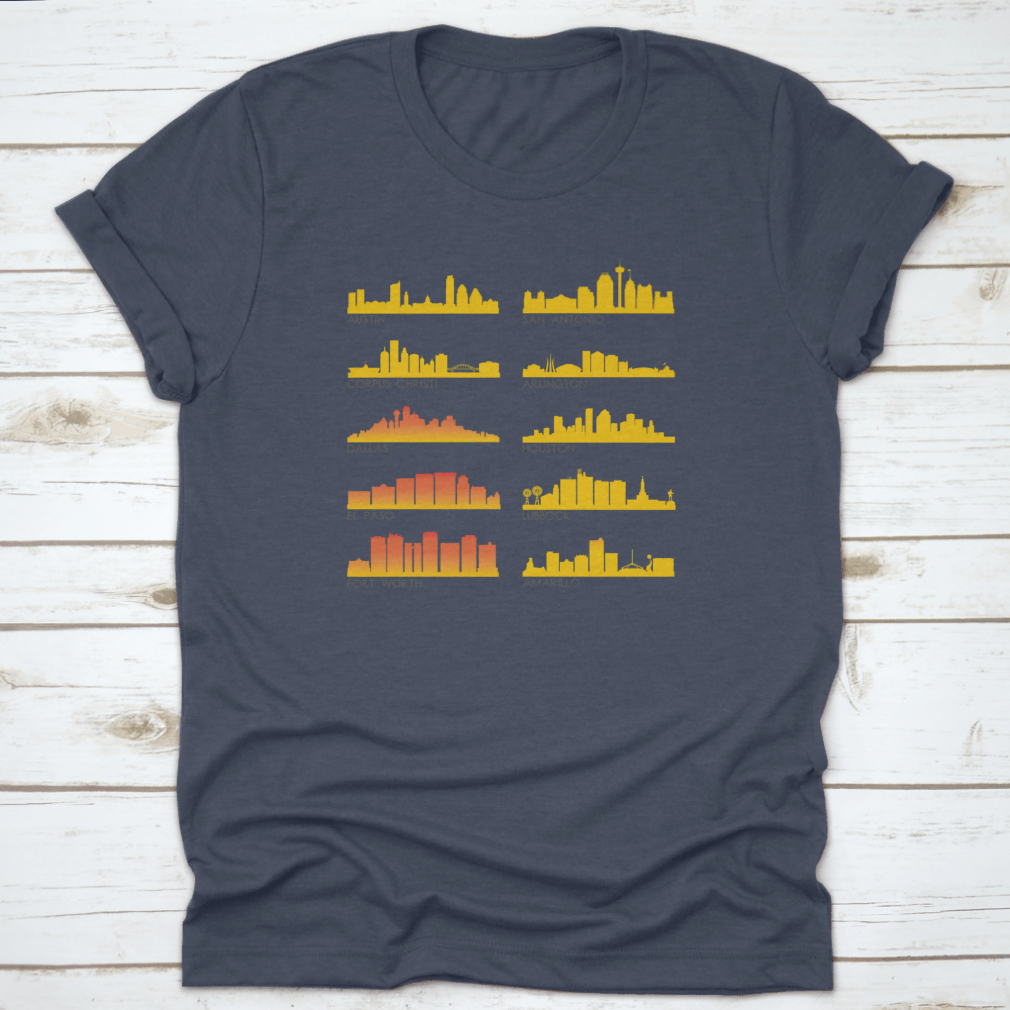 A stylish cotton T-shirt featuring the beautiful skyline of Texas City, perfect for travel enthusiasts.