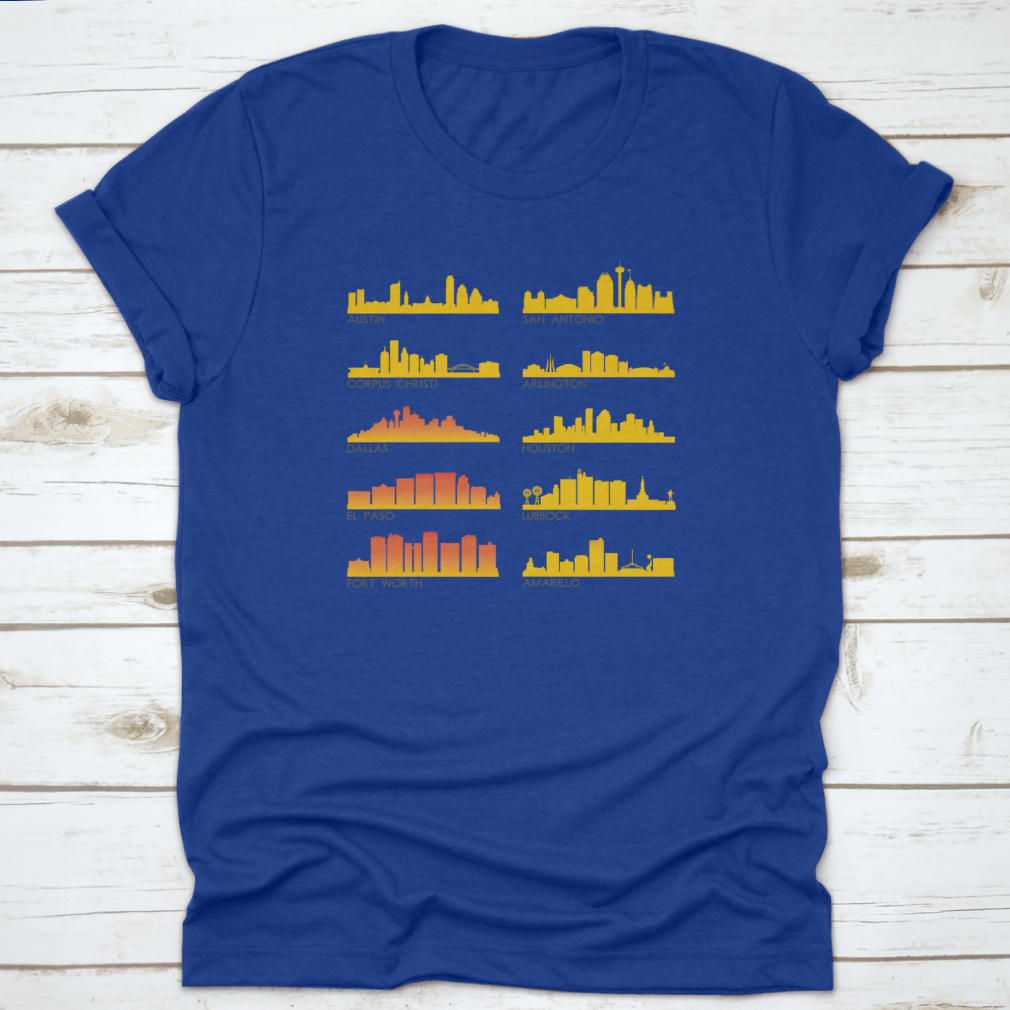 A stylish cotton T-shirt featuring the beautiful skyline of Texas City, perfect for travel enthusiasts.
