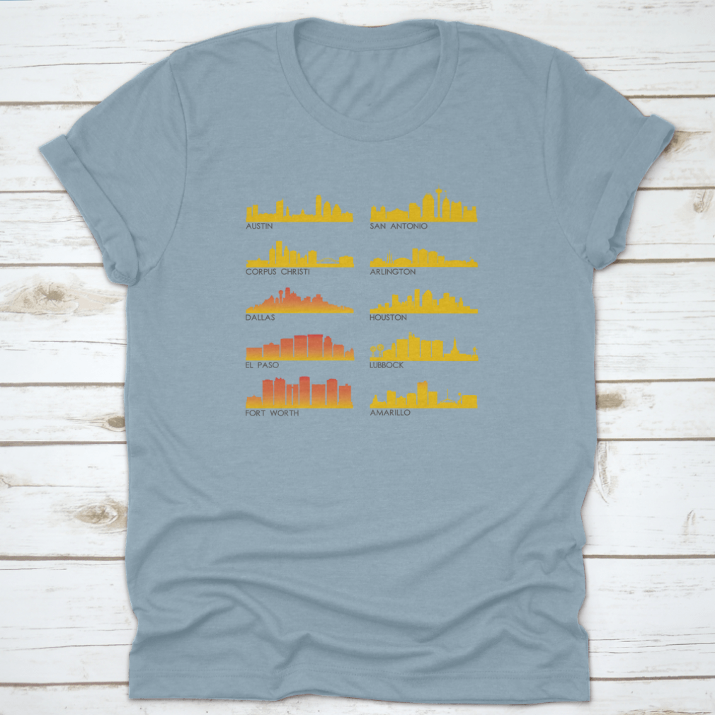 A stylish cotton T-shirt featuring the beautiful skyline of Texas City, perfect for travel enthusiasts.