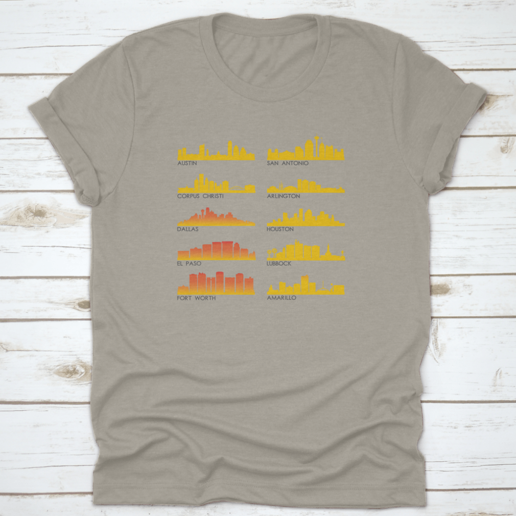 A stylish cotton T-shirt featuring the beautiful skyline of Texas City, perfect for travel enthusiasts.