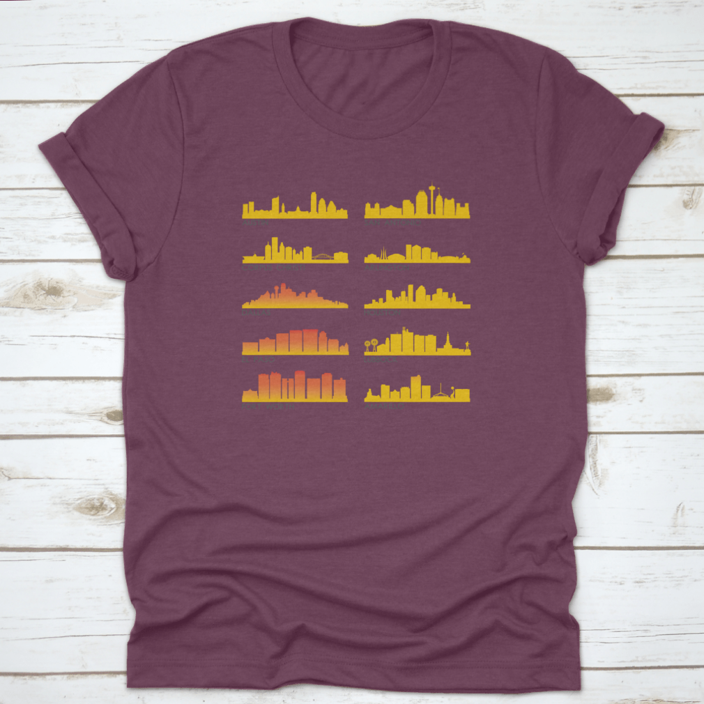 A stylish cotton T-shirt featuring the beautiful skyline of Texas City, perfect for travel enthusiasts.