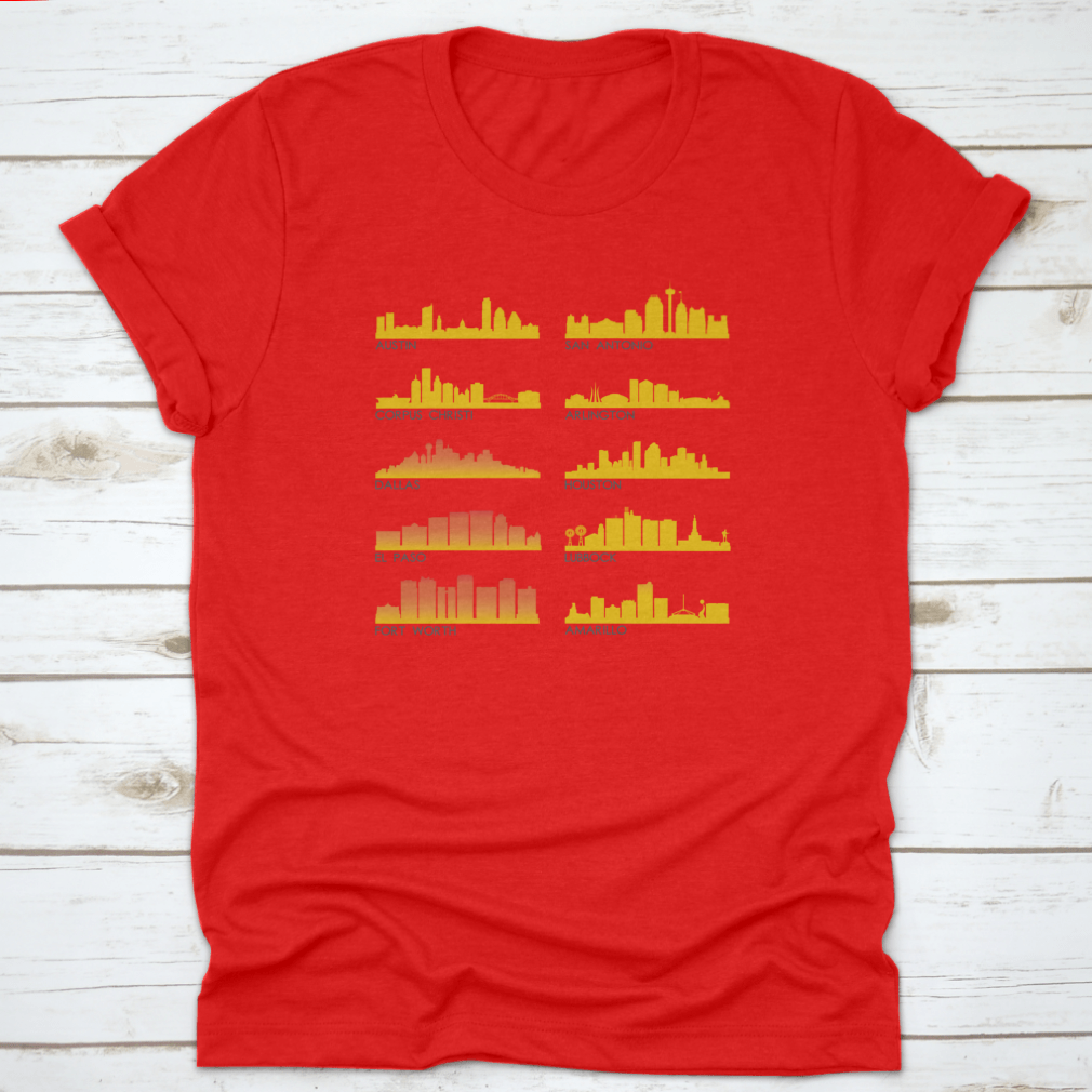 A stylish cotton T-shirt featuring the beautiful skyline of Texas City, perfect for travel enthusiasts.