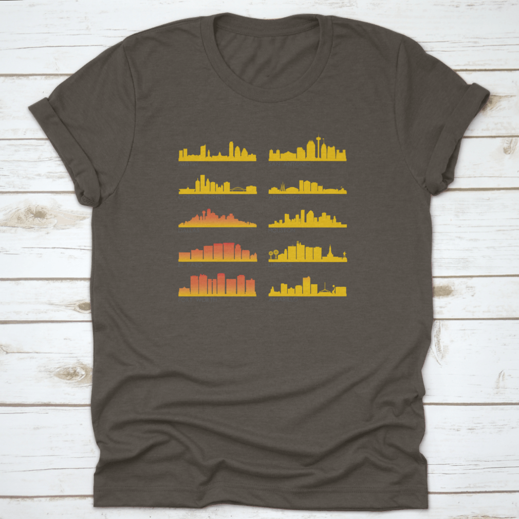 A stylish cotton T-shirt featuring the beautiful skyline of Texas City, perfect for travel enthusiasts.