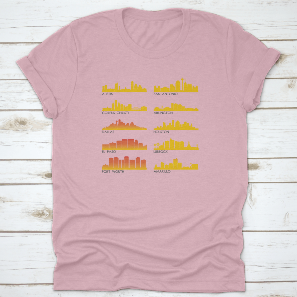 A stylish cotton T-shirt featuring the beautiful skyline of Texas City, perfect for travel enthusiasts.