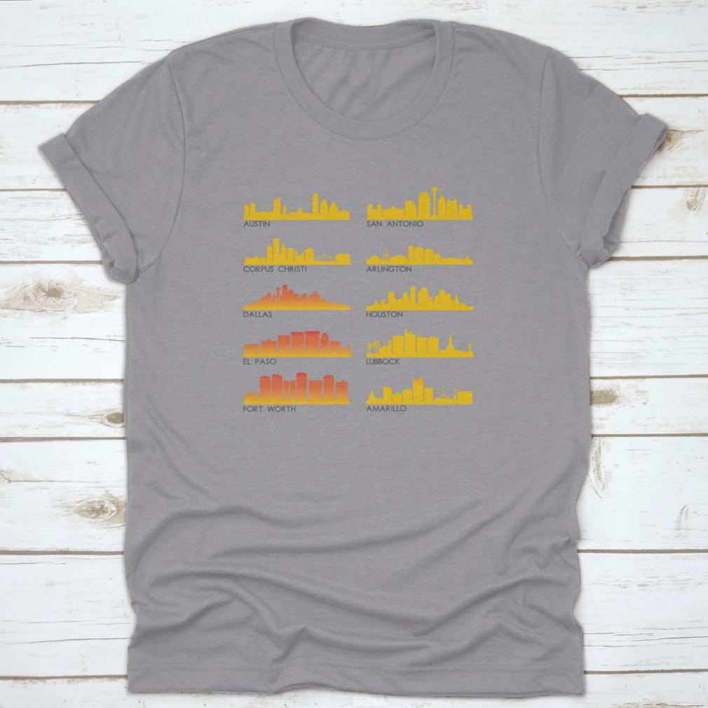 A stylish cotton T-shirt featuring the beautiful skyline of Texas City, perfect for travel enthusiasts.