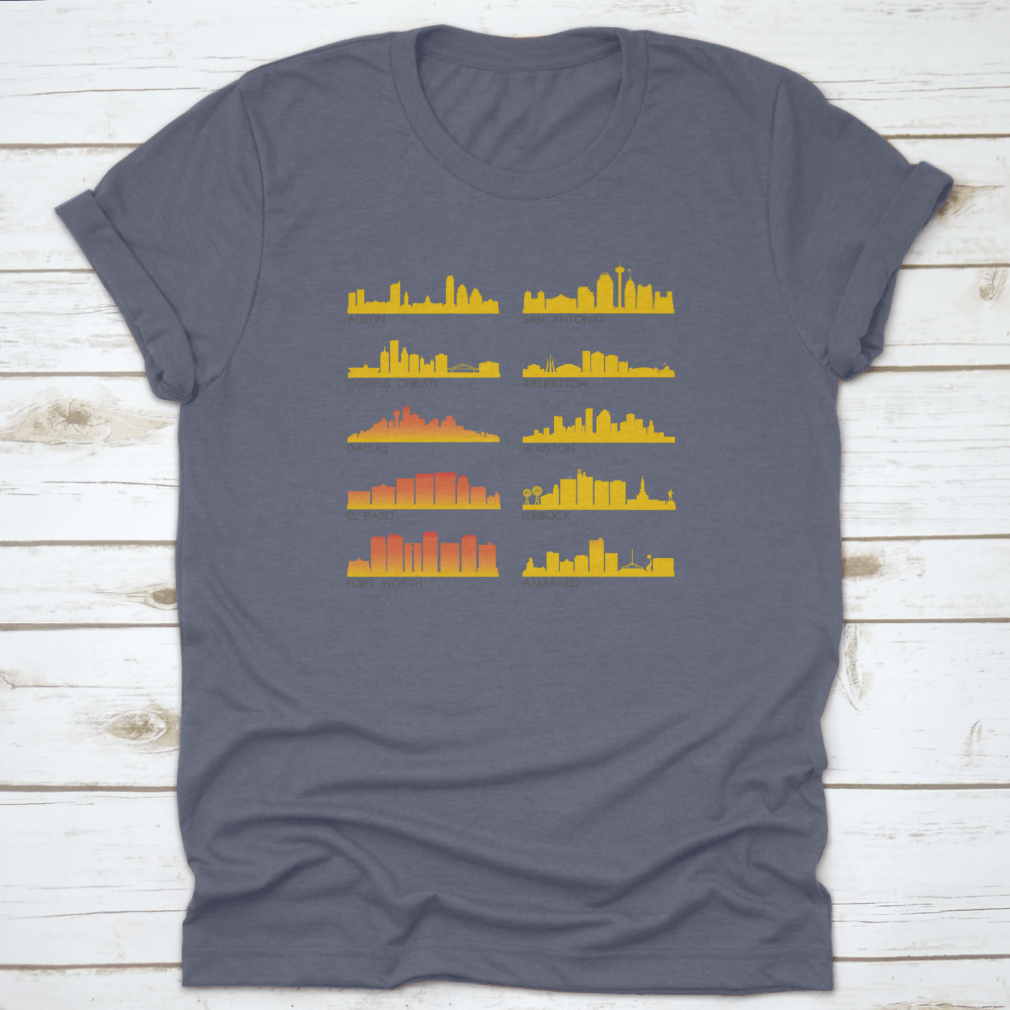 A stylish cotton T-shirt featuring the beautiful skyline of Texas City, perfect for travel enthusiasts.