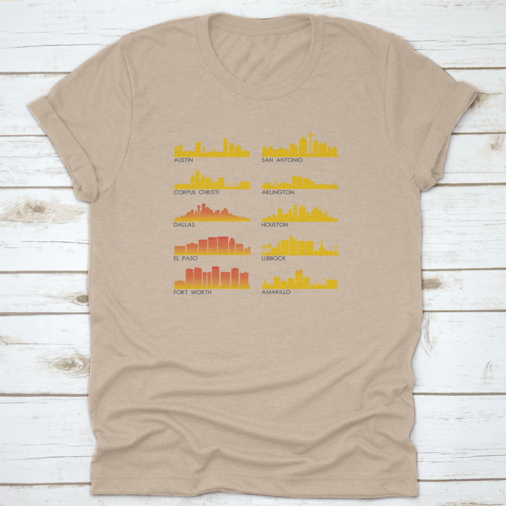 A stylish cotton T-shirt featuring the beautiful skyline of Texas City, perfect for travel enthusiasts.