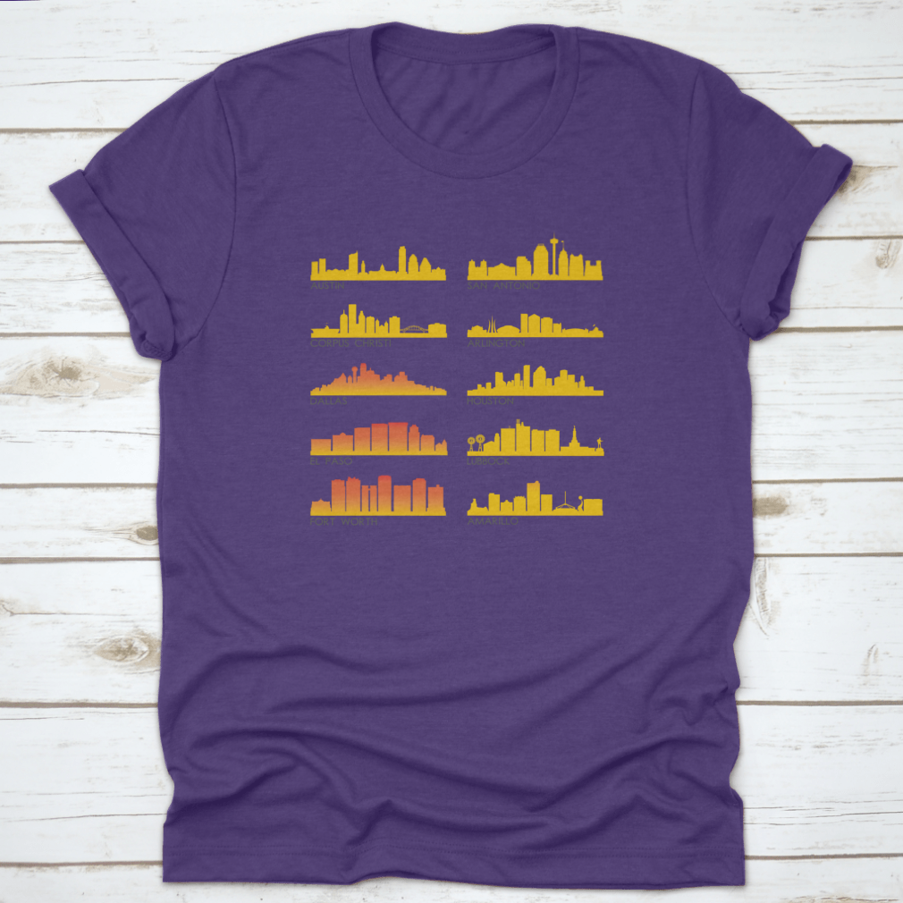 A stylish cotton T-shirt featuring the beautiful skyline of Texas City, perfect for travel enthusiasts.