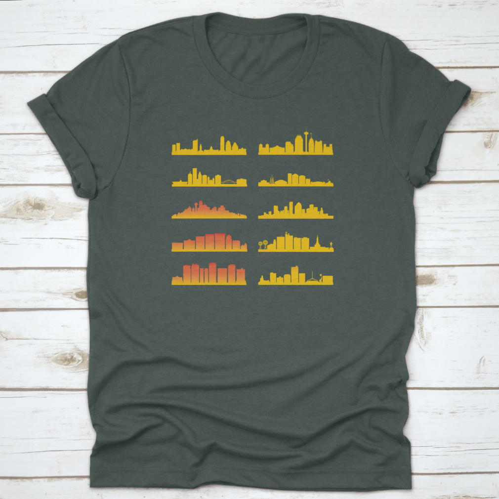 A stylish cotton T-shirt featuring the beautiful skyline of Texas City, perfect for travel enthusiasts.