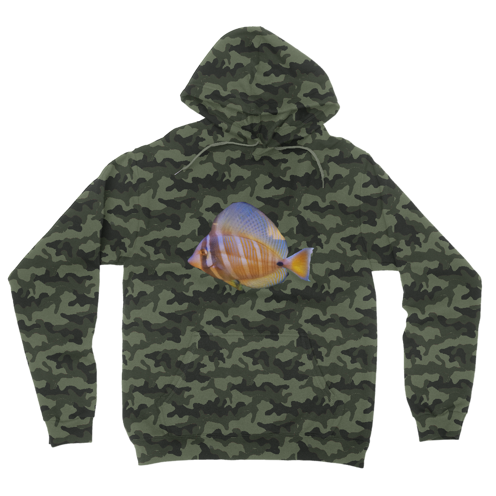 Beautiful Colored Fish Camouflage Adult Hoodie featuring a vibrant camo design, double fabric hood, and kangaroo pouch pocket.