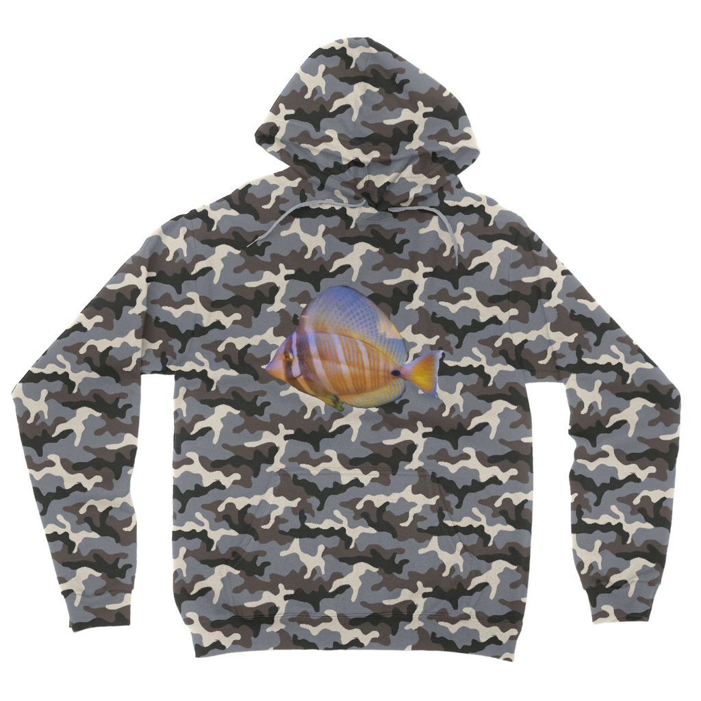 Beautiful Colored Fish Camouflage Adult Hoodie featuring a vibrant camo design, double fabric hood, and kangaroo pouch pocket.