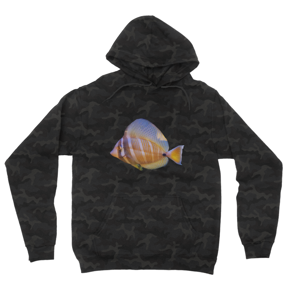 Beautiful Colored Fish Camouflage Adult Hoodie featuring a vibrant camo design, double fabric hood, and kangaroo pouch pocket.