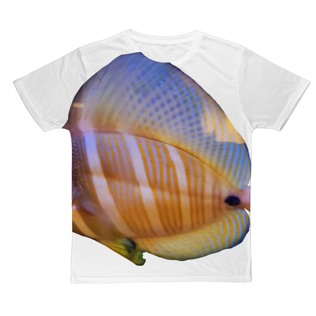 Beautiful Colored Fish Classic Sublimation Adult T-Shirt featuring vibrant fish designs on a soft polyester fabric.