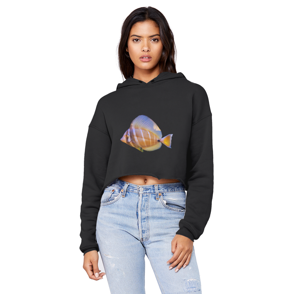 A stylish unisex cropped hoodie with a raw edge hem, featuring a beautiful colored fish design, perfect for casual wear.