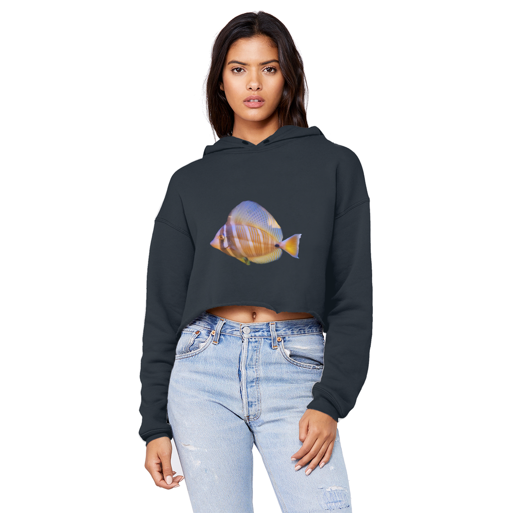 A stylish unisex cropped hoodie with a raw edge hem, featuring a beautiful colored fish design, perfect for casual wear.