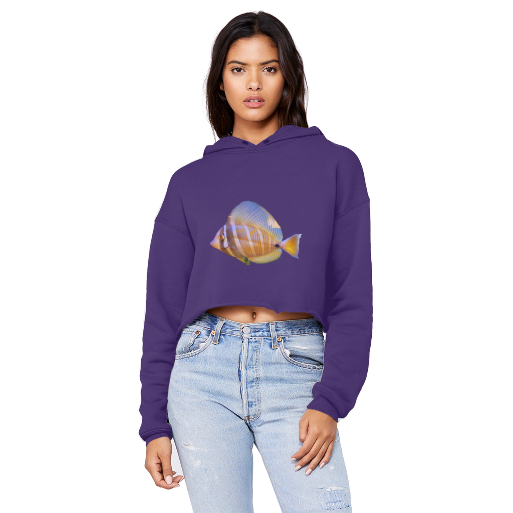 A stylish unisex cropped hoodie with a raw edge hem, featuring a beautiful colored fish design, perfect for casual wear.