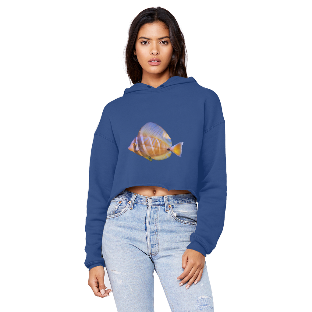 A stylish unisex cropped hoodie with a raw edge hem, featuring a beautiful colored fish design, perfect for casual wear.