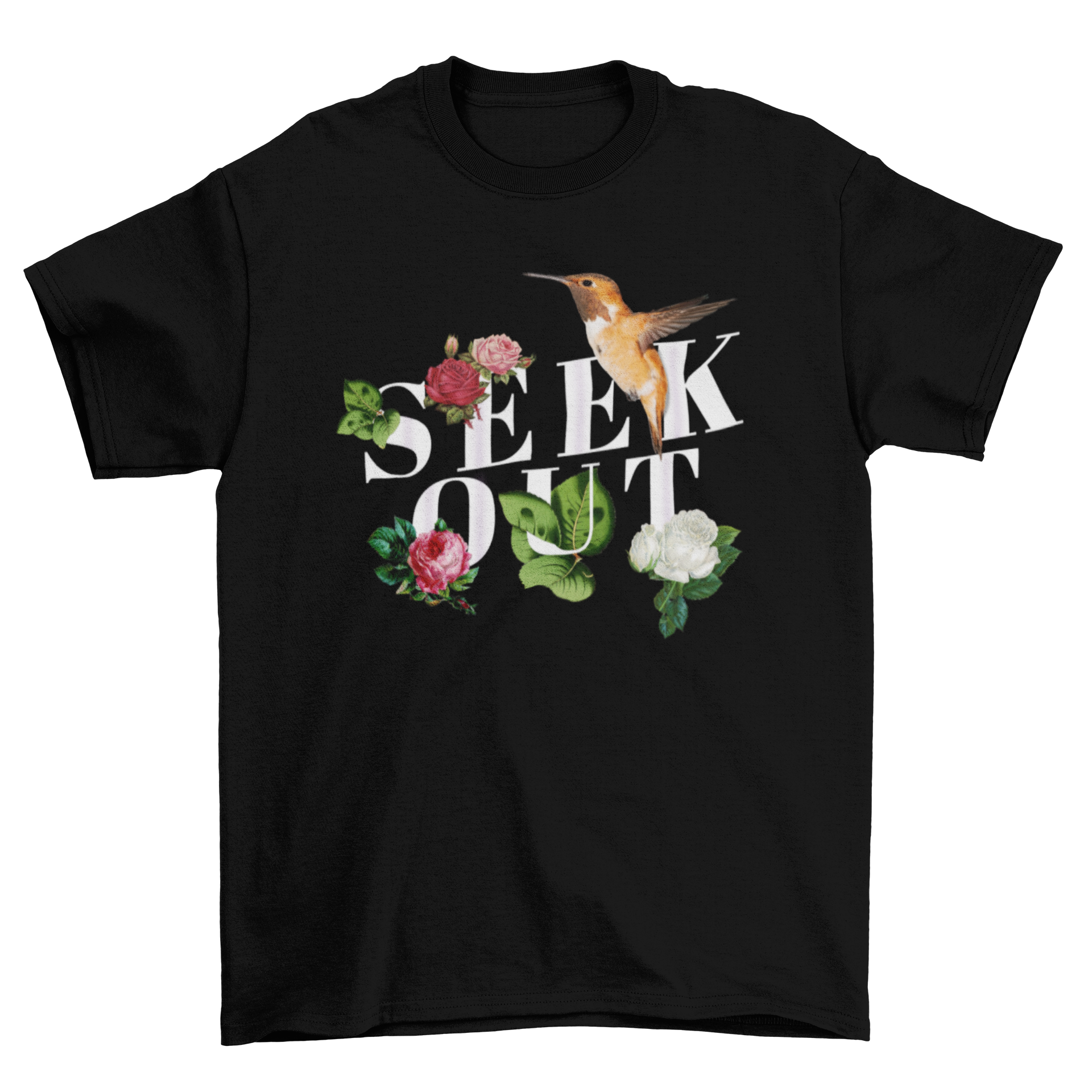 Beautiful t-shirt design featuring floral patterns and the quote 'Seek out', perfect for nature lovers.