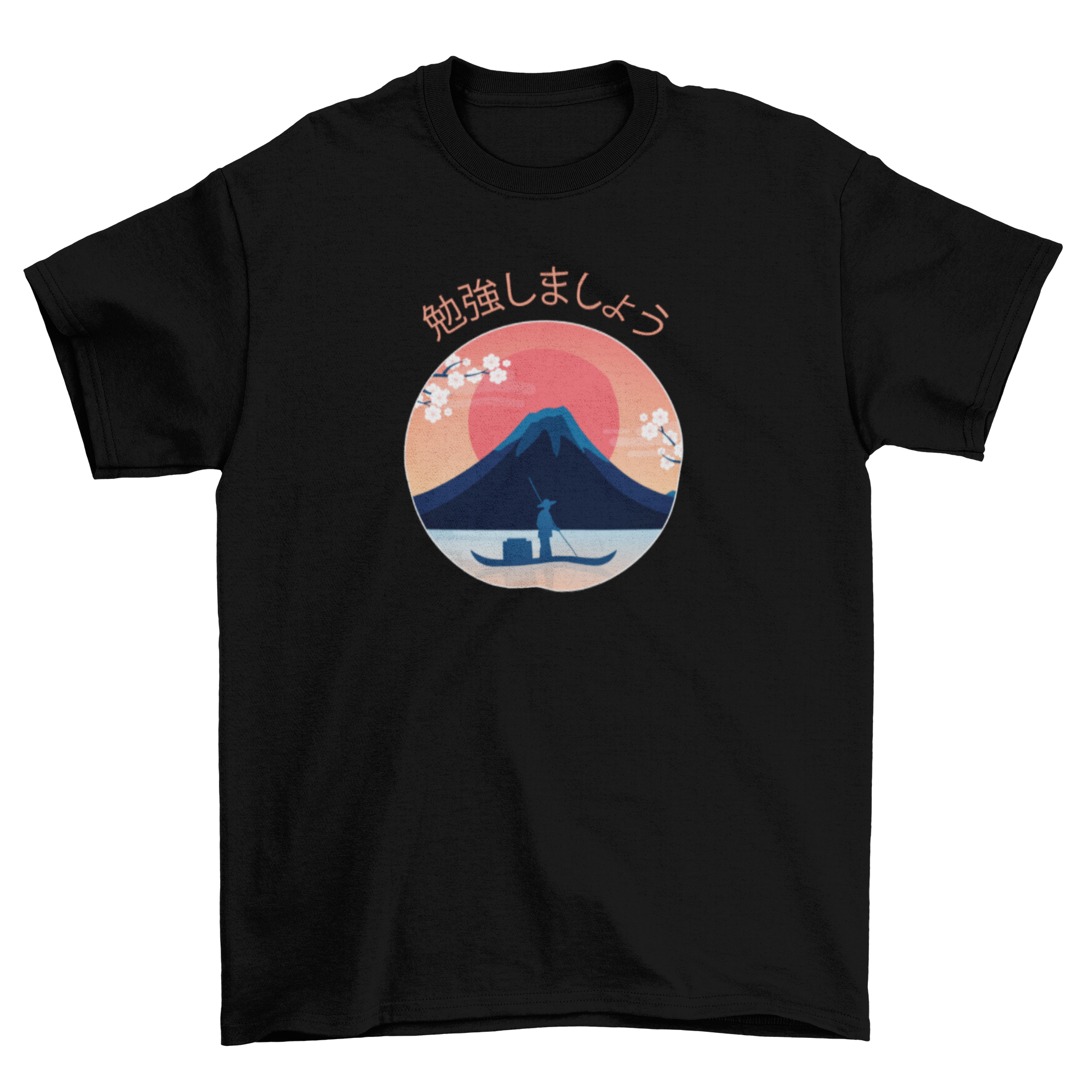 Beautiful Japanese landscape t-shirt design featuring a man sailing on a boat with Mount Fuji and a red sun in the background.
